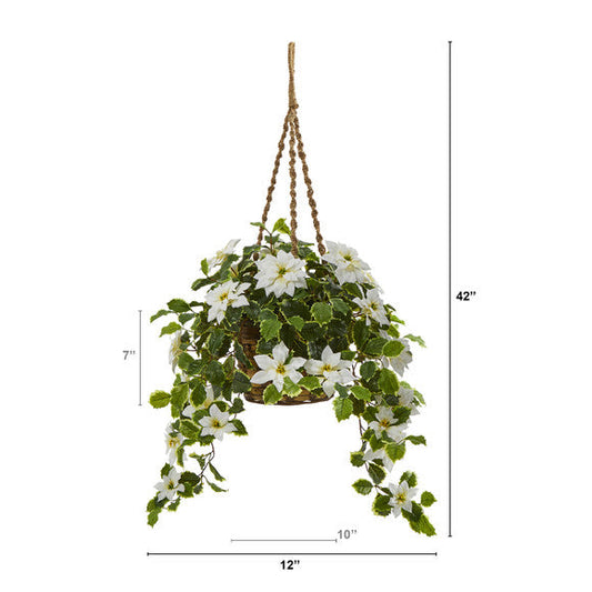 3.5' Poinsettia and Variegated Holly Artificial Plant in Hanging Basket