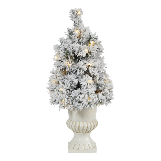 28' Flocked Artificial Christmas Tree with 30 Clear LED Lights in White Urn