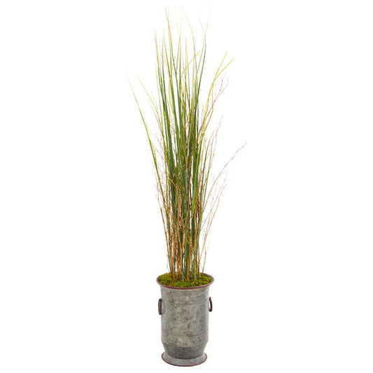45" Grass and Bamboo Artificial Plant in Vintage Metal Planter