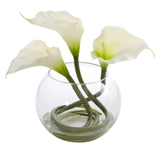 9'' Calla Lily Artificial Arrangement in Rounded Glass Vase