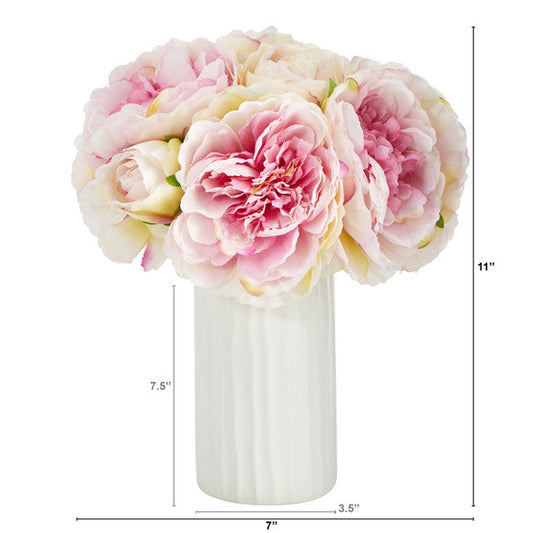 11" Peony Bouquet Artificial Arrangement in White Vase