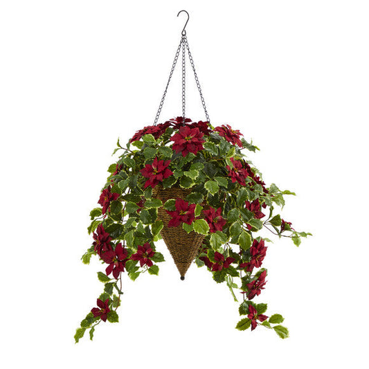 3.5' Poinsettia and Variegated Holly Artificial Plant in Hanging Cone Basket