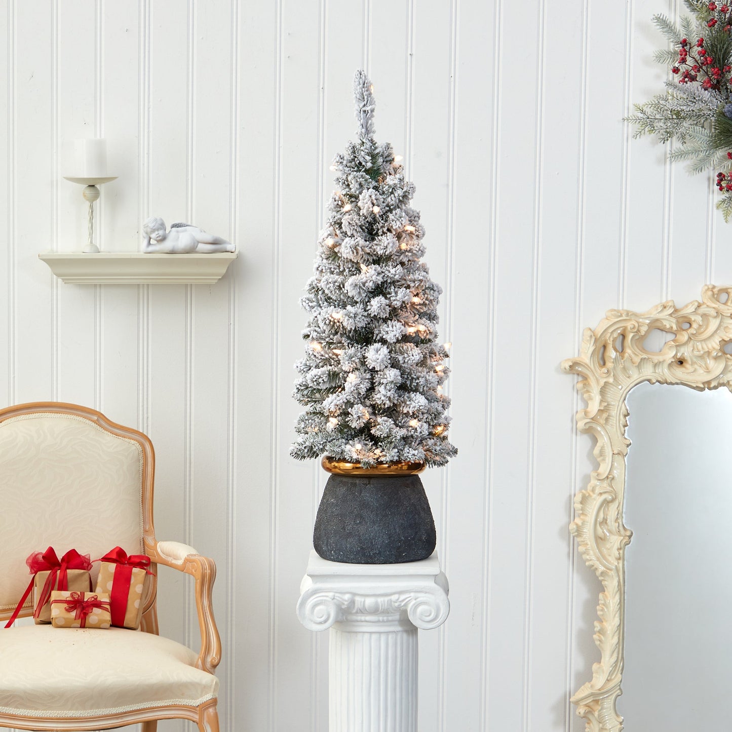 40' Flocked Pencil Artificial Christmas Tree w/ 50 Clear Lights & 132 Bendable