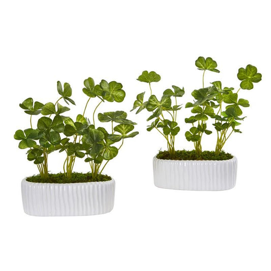 10"  Clover Artificial Plant in White Planter (Set of 2)