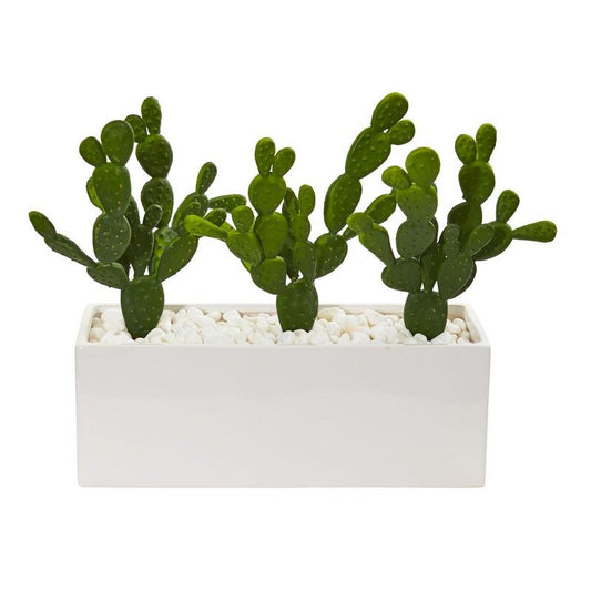 11' Cactus Succulent Artificial Plant in Glazed White Vase
