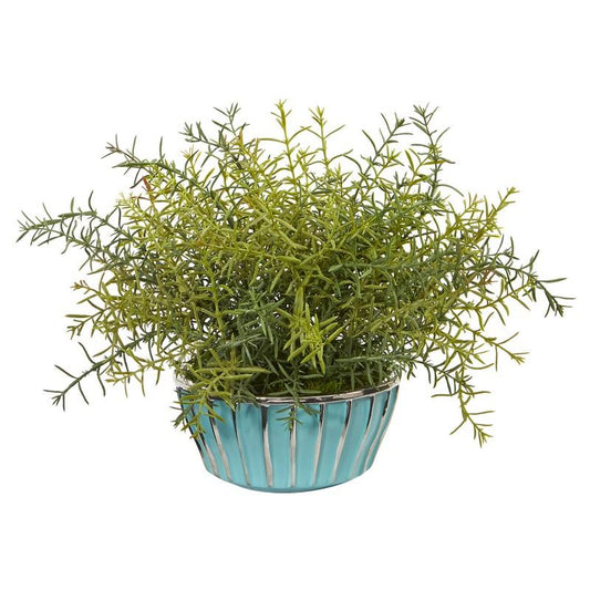 11"  Rosemary Artificial Plant in Turquoise Bowl with Silver Trimming