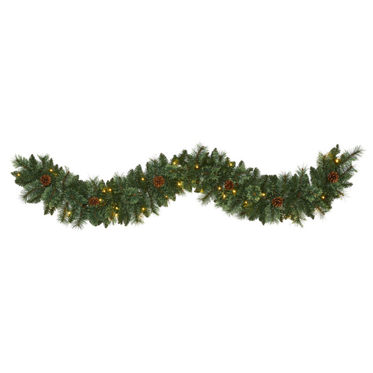 6' White Mountain Pine Artificial Garland w/ 35 White Warm LED Lights/Pinecones