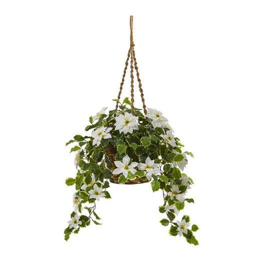 3.5' Poinsettia and Variegated Holly Artificial Plant in Hanging Basket