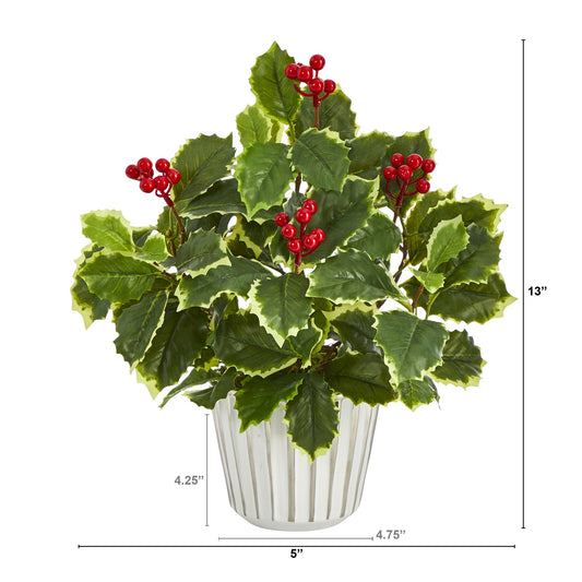 13" Variegated Holly Leaf Artificial Plant in White Planter w/ Silver Trimming