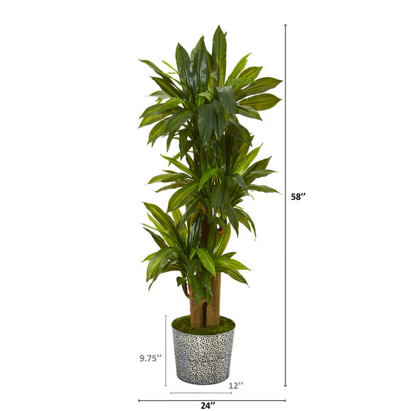 58" Corn Stalk Dracaena Artificial Plant in Black Embossed Tin Planter