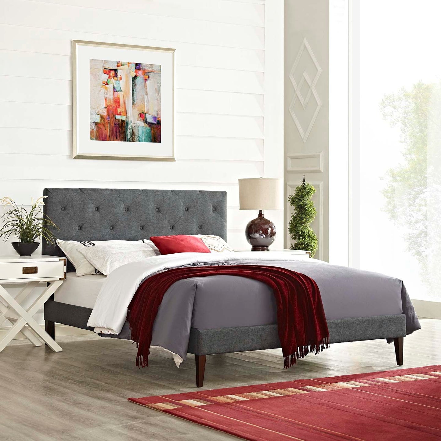 Tarah Fabric King Platform Bed with Squared Tapered Legs by Modway