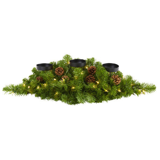 30" Christmas Artificial Pine Triple Candelabrum w/35 Clear Lights