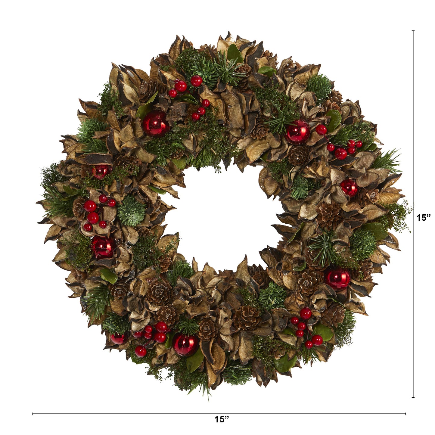 15" Holiday Artificial Wreath with Pine Cones and Ornaments