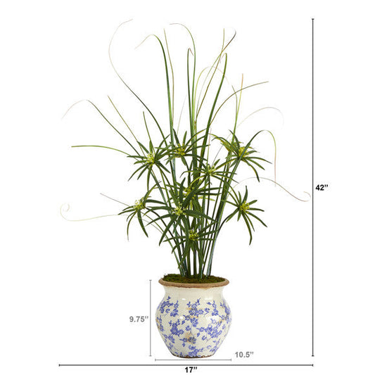 3.5' Cyperus and Grass Artificial Plant in Vintage Floral Planter