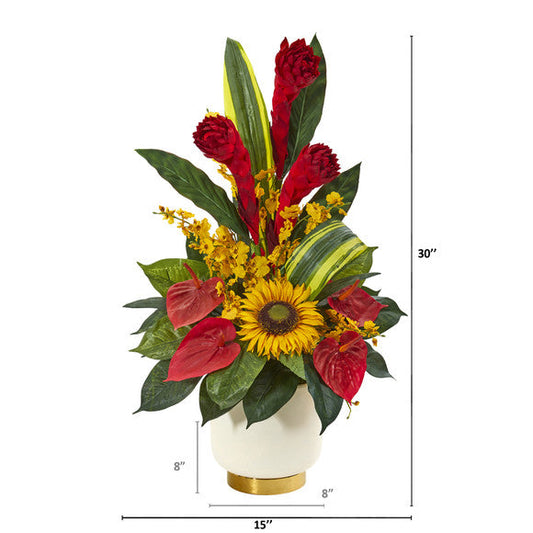 30" Mixed Tropical Floral Artificial Arrangement in Cream Vase with Gold Base