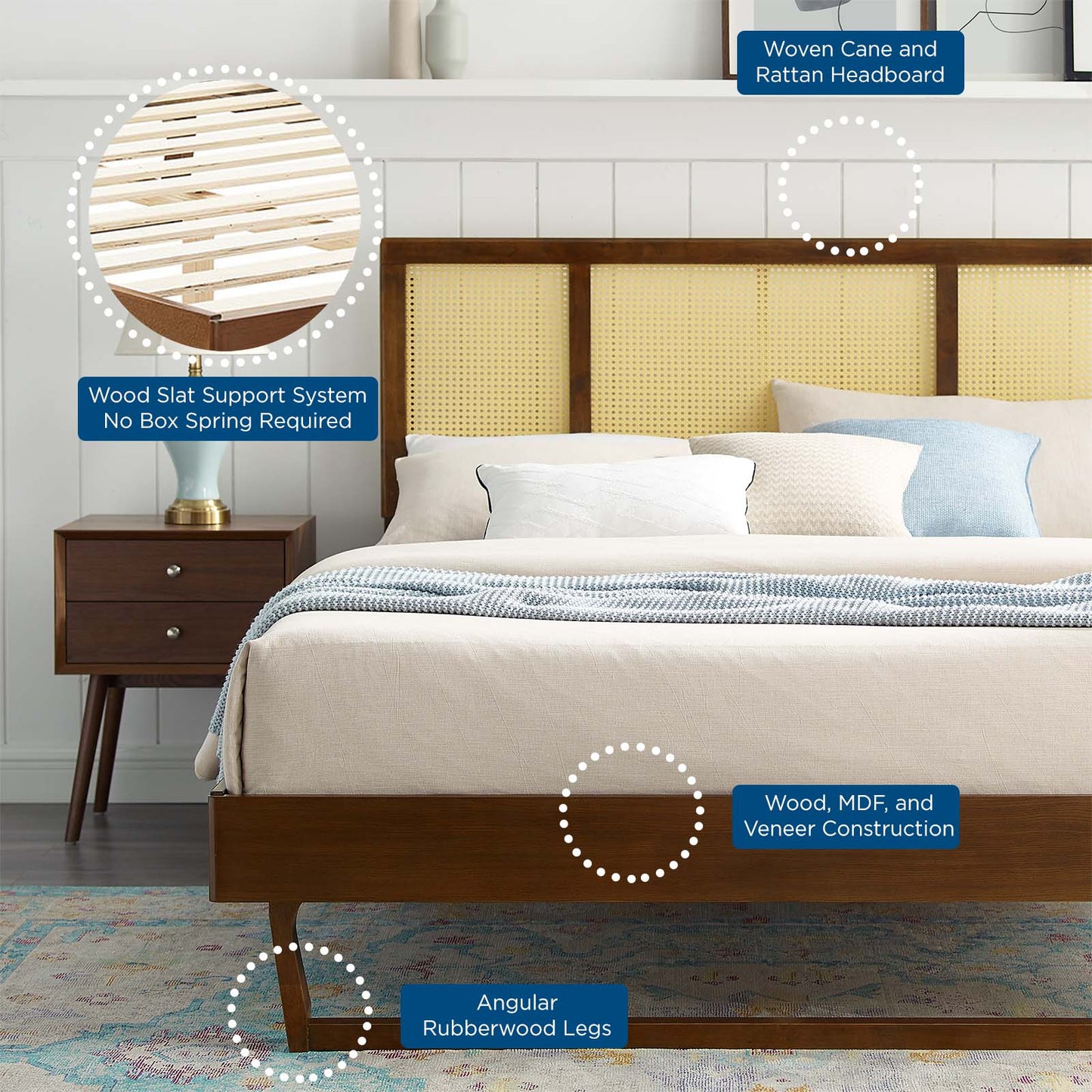 Kelsea Cane and Wood Full Platform Bed With Angular Legs by Modway