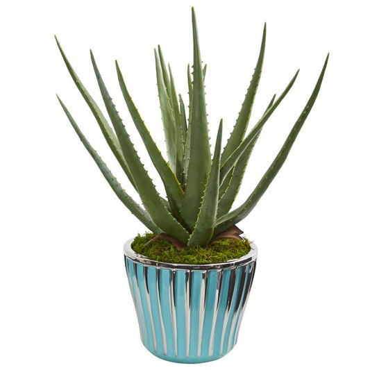 18"  Aloe Artificial Plant in a Turquoise Planter
