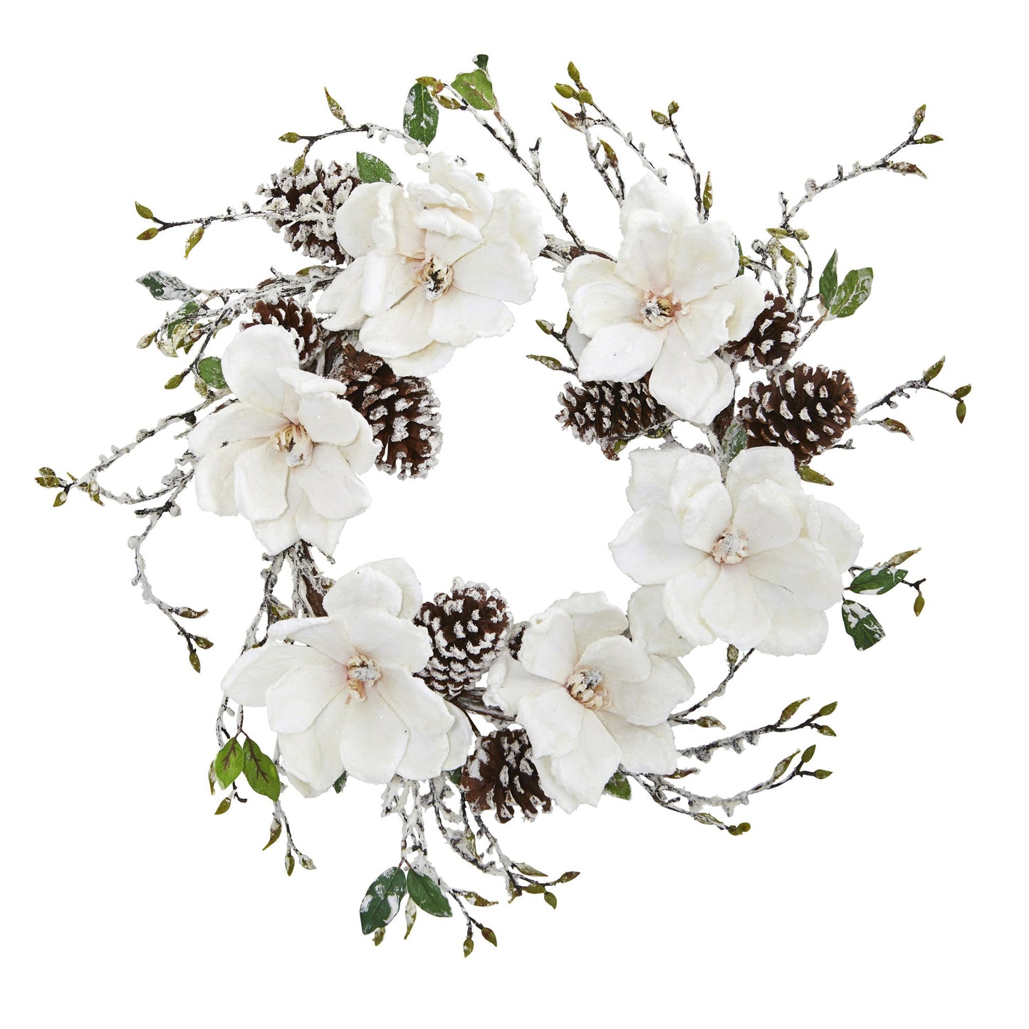 24" Snowed Magnolia / Pine Cone Wreath