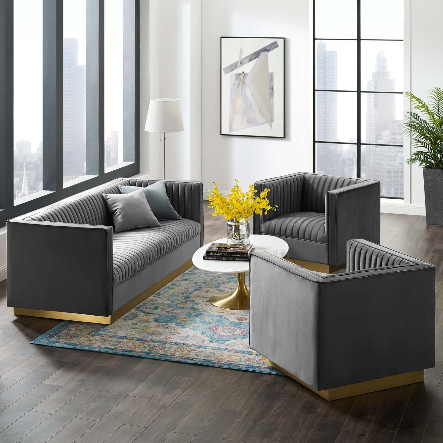 Sanguine 3 Piece Vertical Channel Tufted Upholstered Performance Velvet Set by Modway