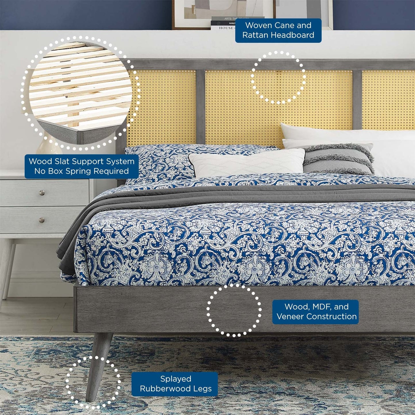 Kelsea Cane and Wood Full Platform Bed With Splayed Legs by Modway