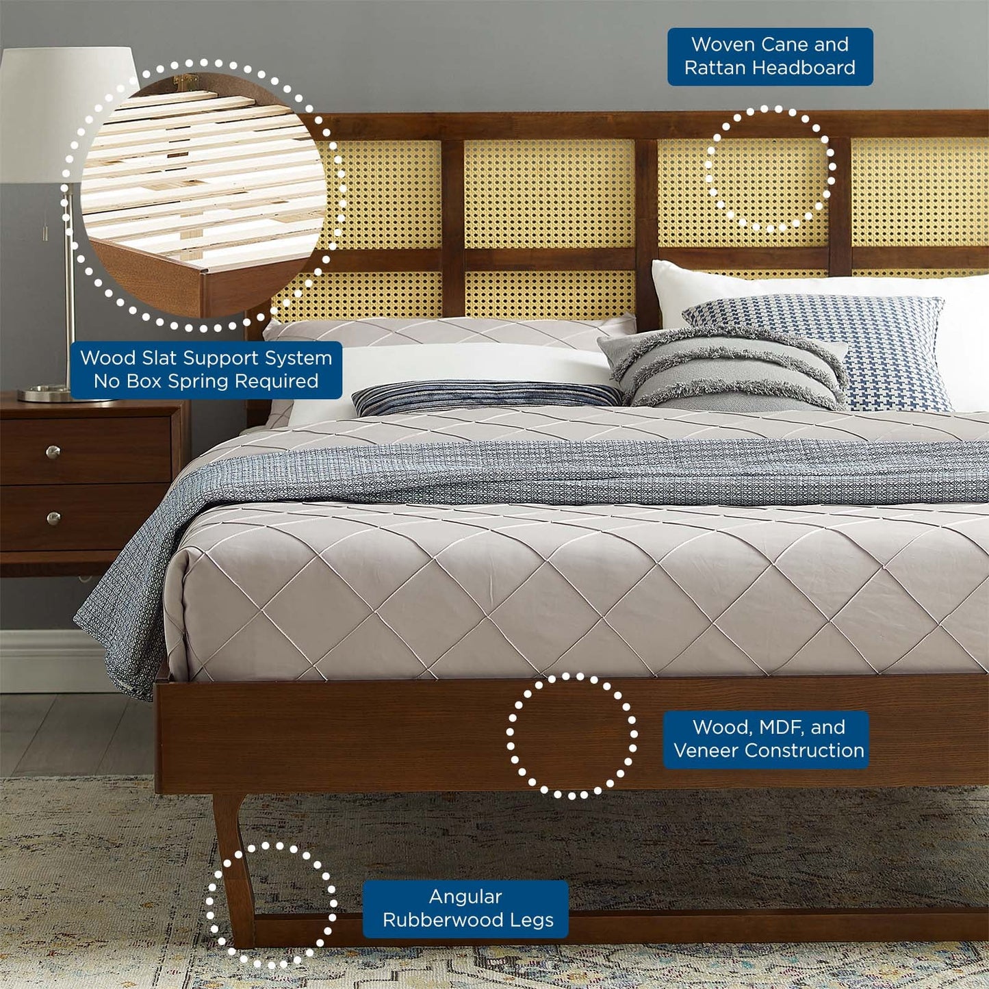 Sidney Cane and Wood King Platform Bed With Angular Legs by Modway