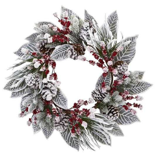24"  Snowy Magnolia Berry Artificial Wreath