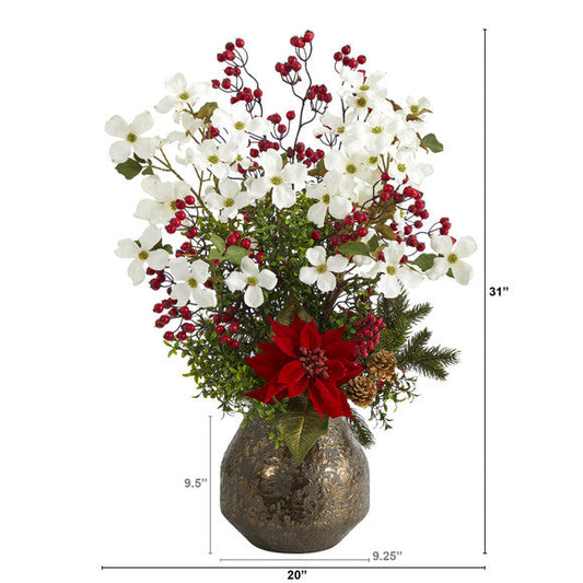 31" Poinsettia, Dogwood and Berry Artificial Arrangement in Designer Vase