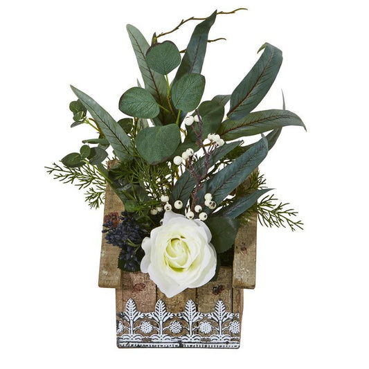 16"  Rose and Eucalyptus Artificial Arrangement in Hanging Floral Design