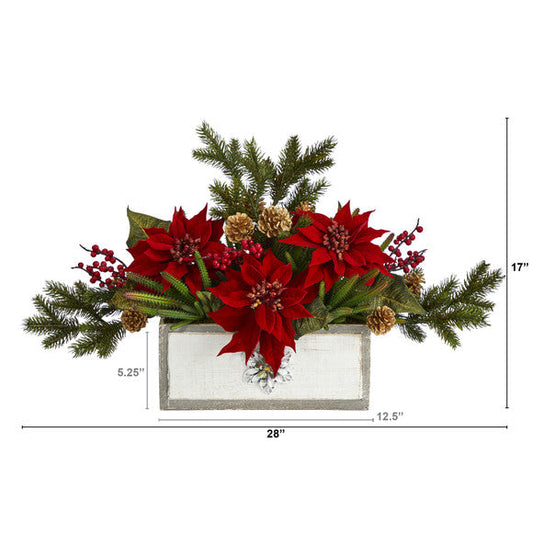 28" Poinsettia and Cactus Artificial Arrangement in Decorative Wood Vase