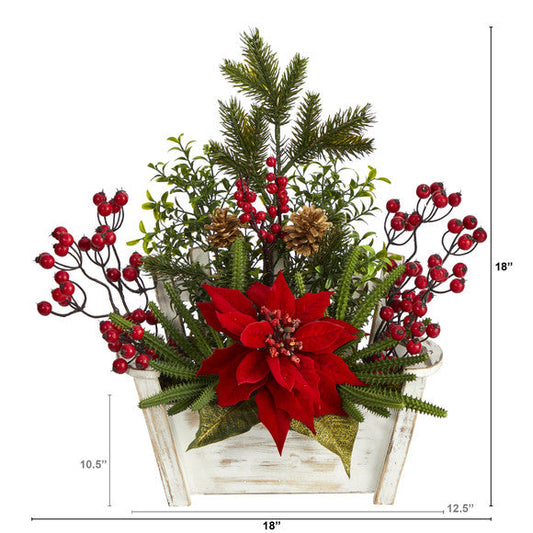 18" Poinsettia, Succulent and Berry Artificial Arrangement in Bench Planter