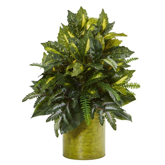 28" Mixed Greens Artificial Plant in Green Tin Planter