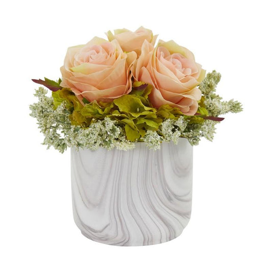 Rose and Hydrangea Artificial Arrangement in Marble Finished Vase