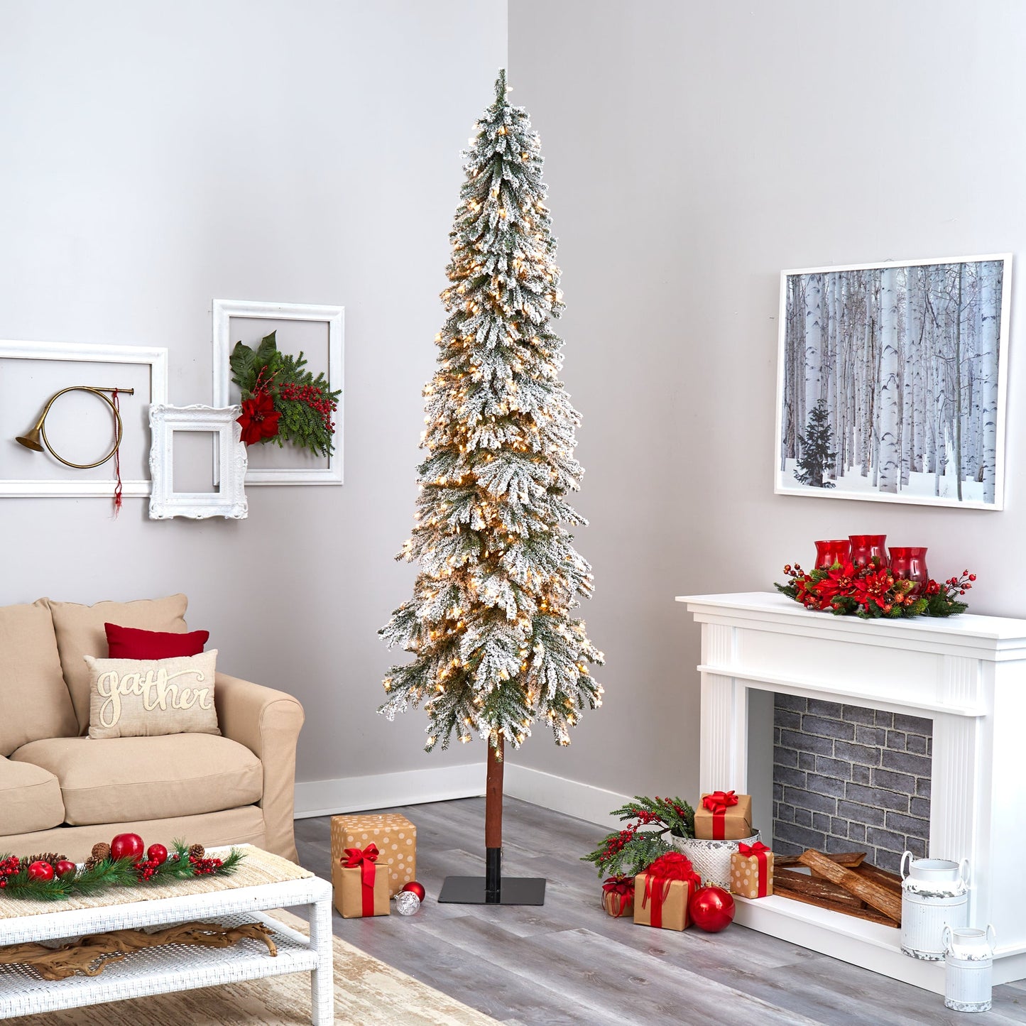 9' Flocked Gr& Alpine Artificial Christmas Tree w/ 600 Clear Lights