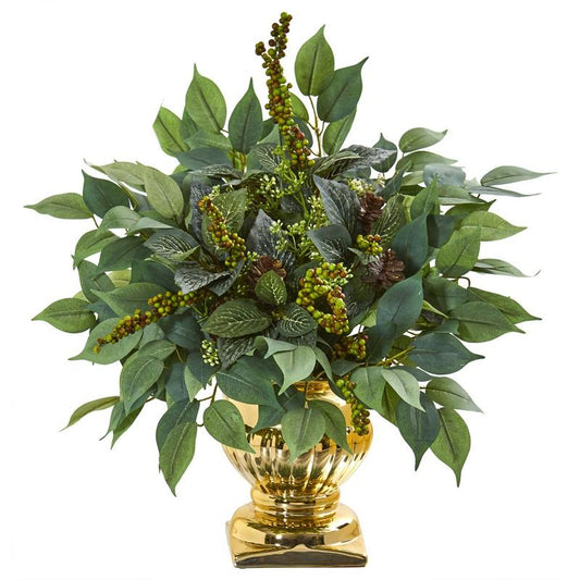 15"  Royal Ficus and Fittonia Artificial Plant in Gold Urn