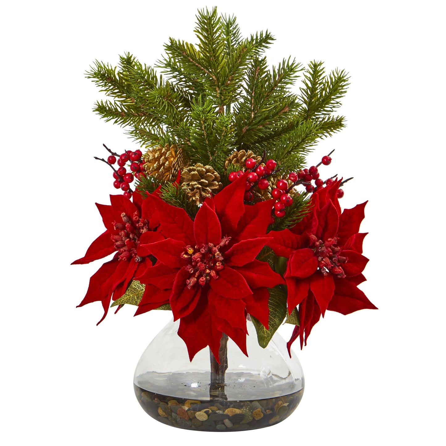 Poinsettia, Berry and Pine Artificial Arrangement in Vase