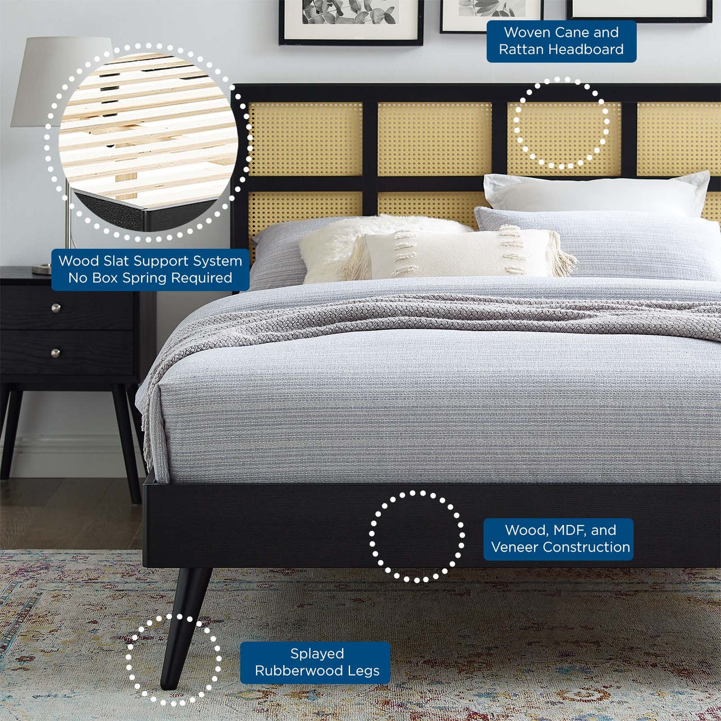 Sidney Cane and Wood Queen Platform Bed With Splayed Legs by Modway