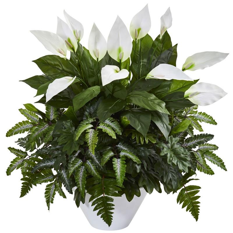 Mixed Spathifyllum Artificial Plant in White Vase