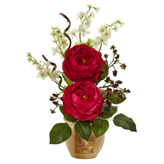 Large Rose and Dancing Daisy in Wooden Pot