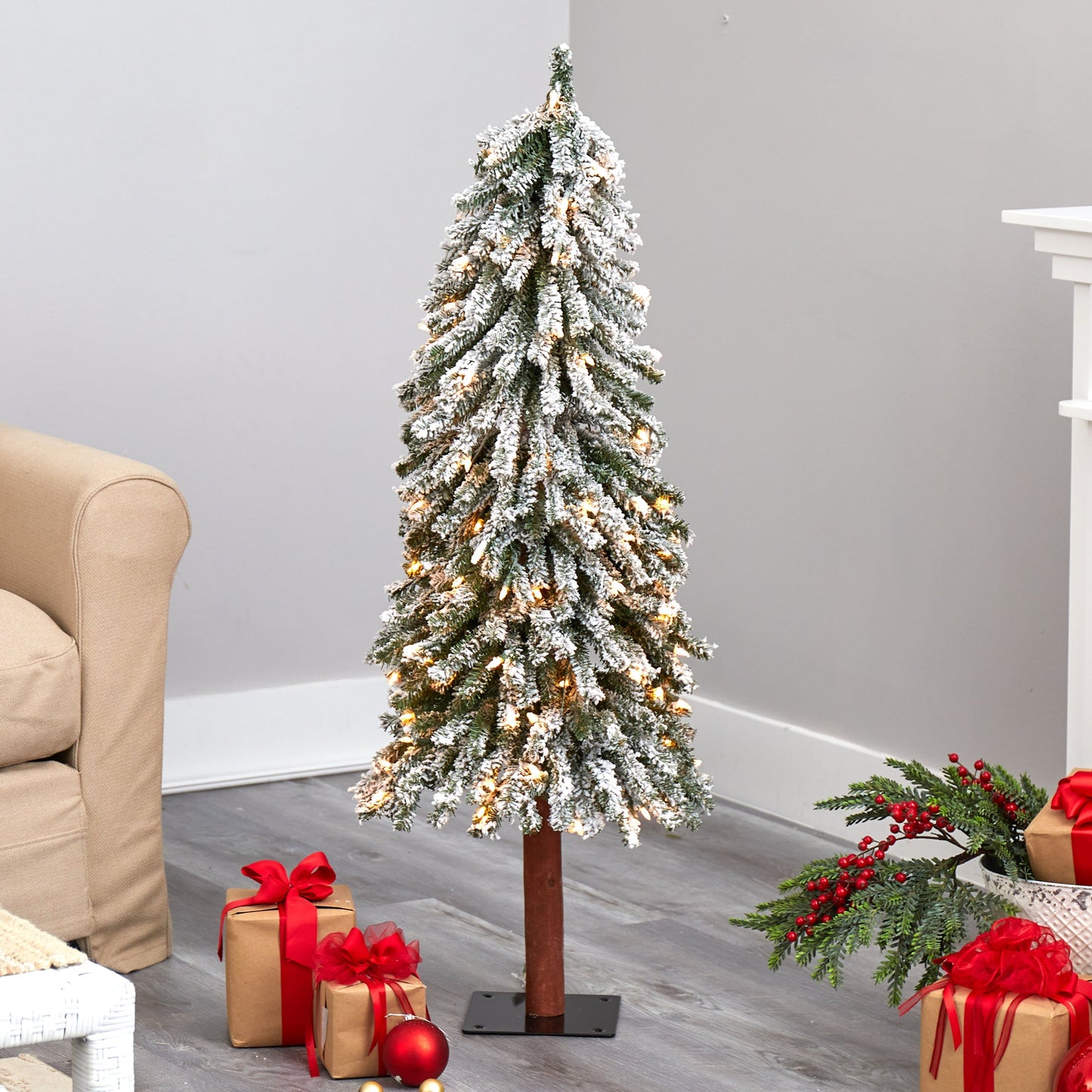 4' Flocked Gr& Alpine Artificial Christmas Tree w/ 100 Clear Lights