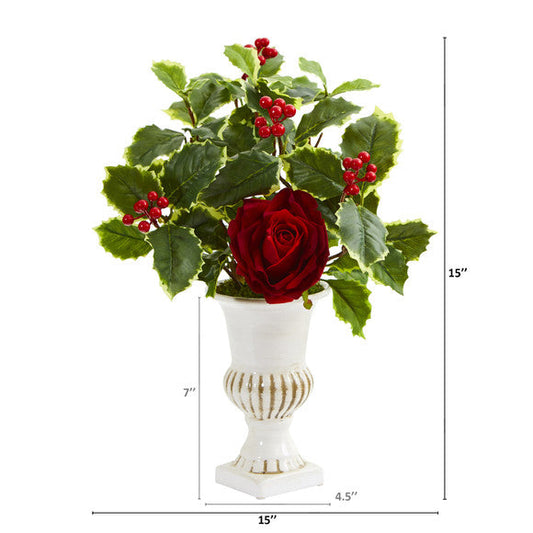 15" Rose and Holly Leaf Artificial Arrangement in White Urn (Set of 2)