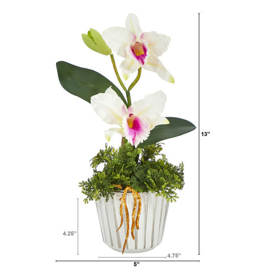 13" Mini Orchid Cattleya Artificial Arrangement in White Vase w/Silver Trimming