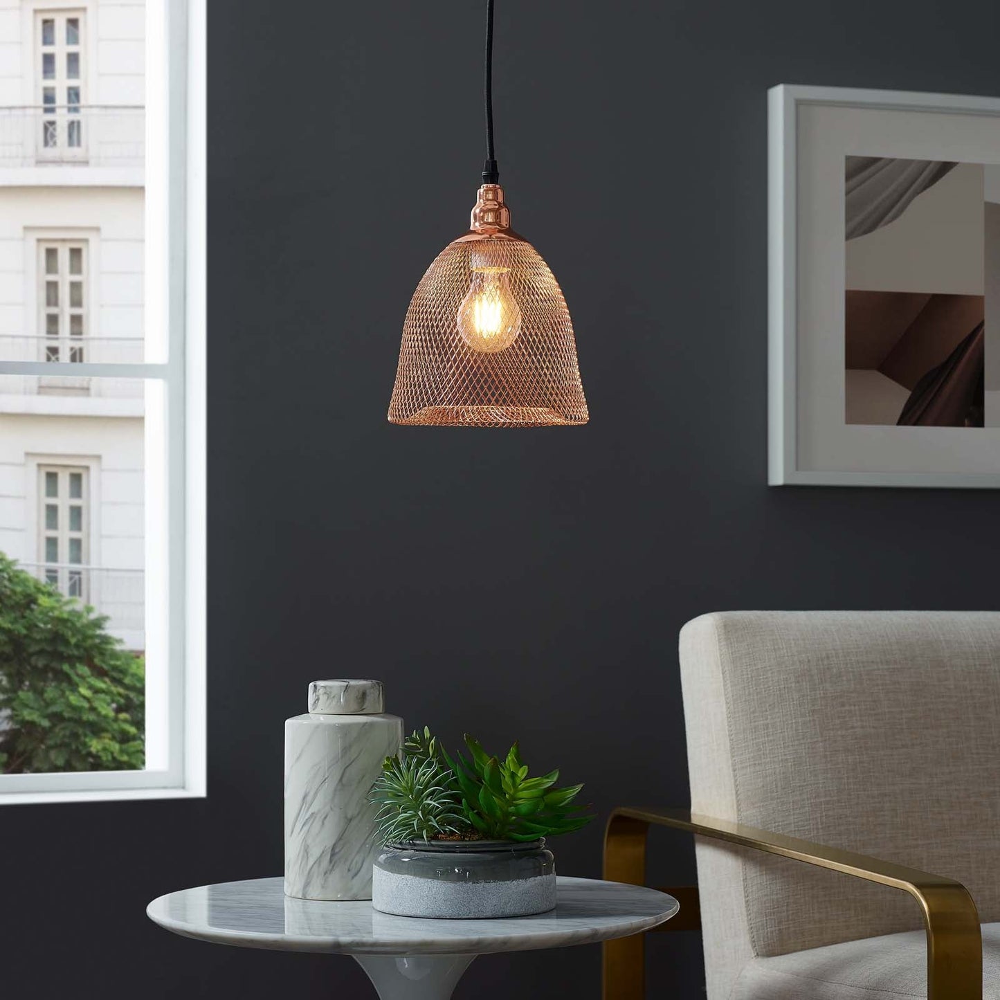 Glimmer Bell-Shaped Rose Gold Pendant Light by Modway