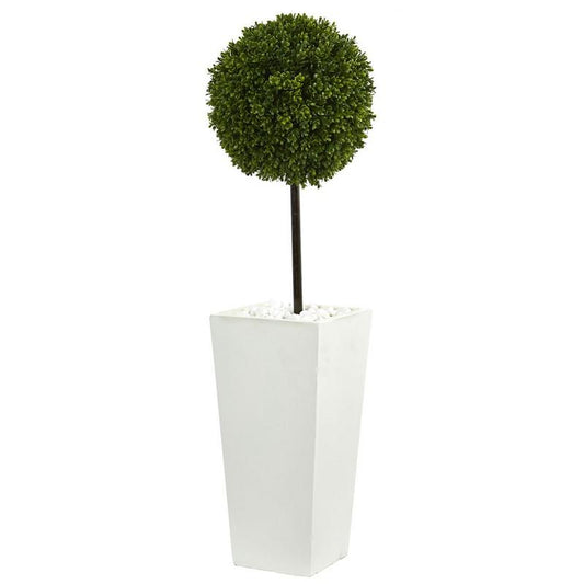 3.5' Boxwood Ball Topiary Artificial Tree in White Tower Planter UV Resistant
