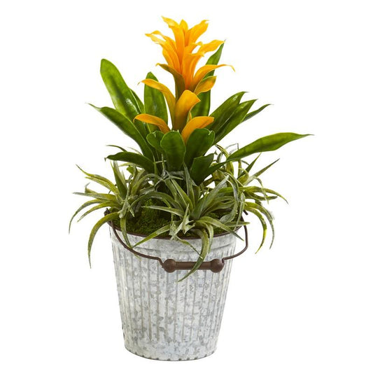 18"  Bromeliad and Succulent Artificial Plant in Metal Bucket