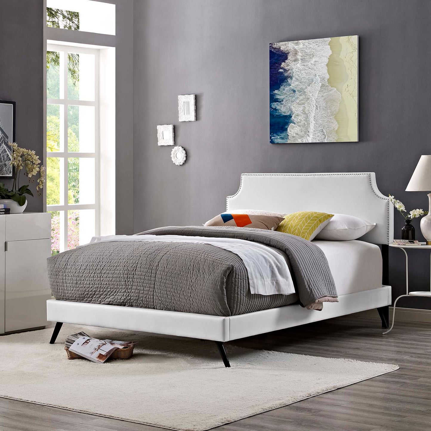 Corene Vinyl Queen Platform Bed with Round Splayed Legs by Modway