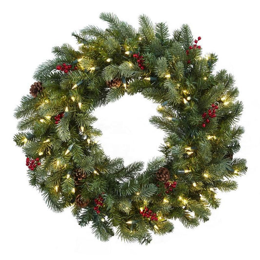 30"  Lighted Pine Wreath w/Berries & Pine Cones