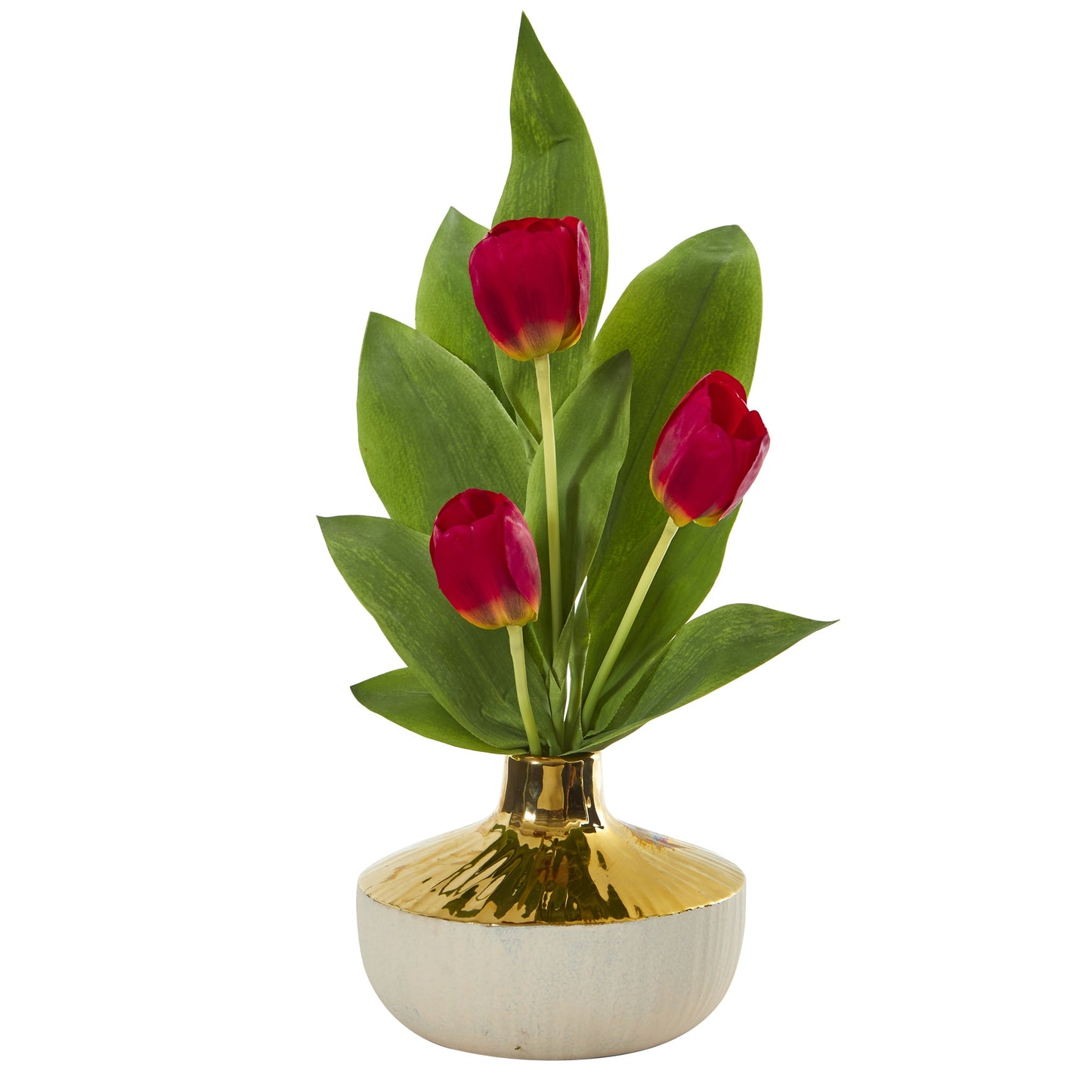 18" Tulip Artificial Arrangement in Gold and Cream Elegant Vase