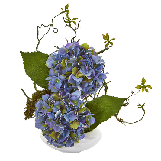 13"  Hydrangea Artificial Arrangement in White Vase