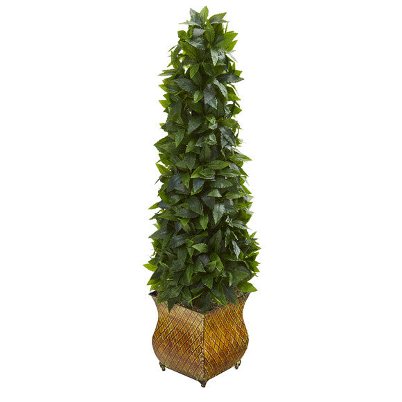 38" Sweet Bay Cone Topiary Artificial Tree in Decorative Metal Planter