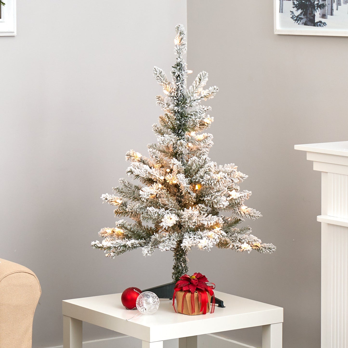 3' Flocked West Virginia Spruce Artificial Christmas Tree w/ 50 Clear Lights